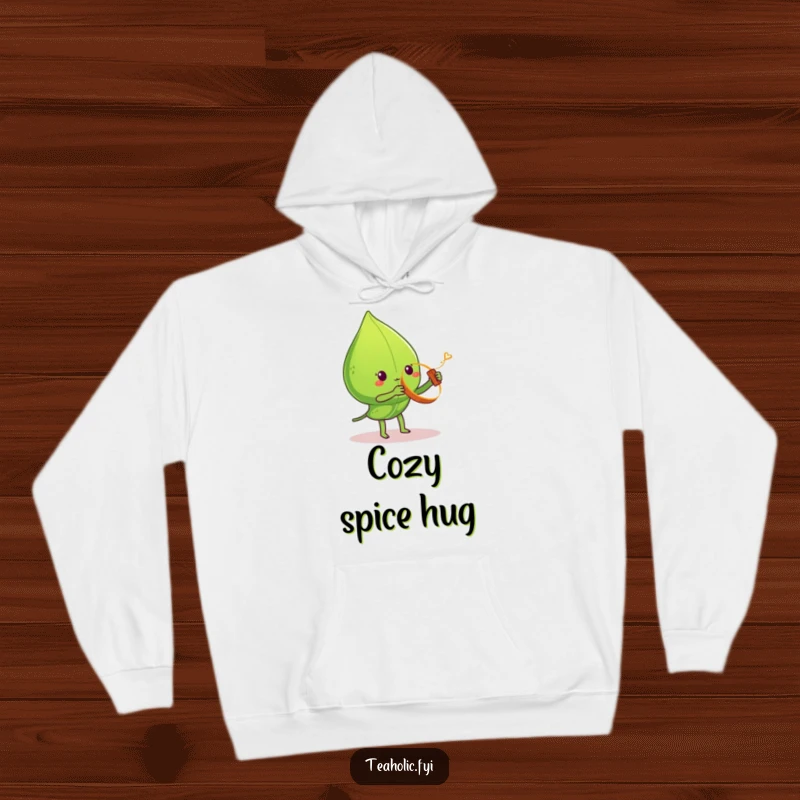 Funny tea leaf hoodie, character spinning cinnamon stick yo-yo, cozy and energetic design, perfect funny gift.