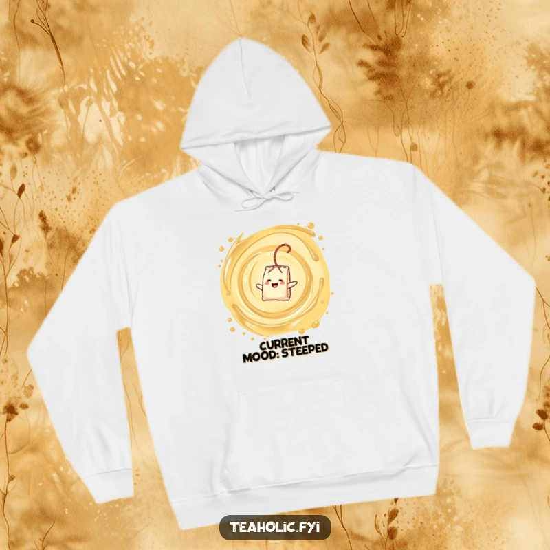 Funny hoodie showing a delighted tea bag character blissfully floating in a swirling tea vortex, a great funny gift.