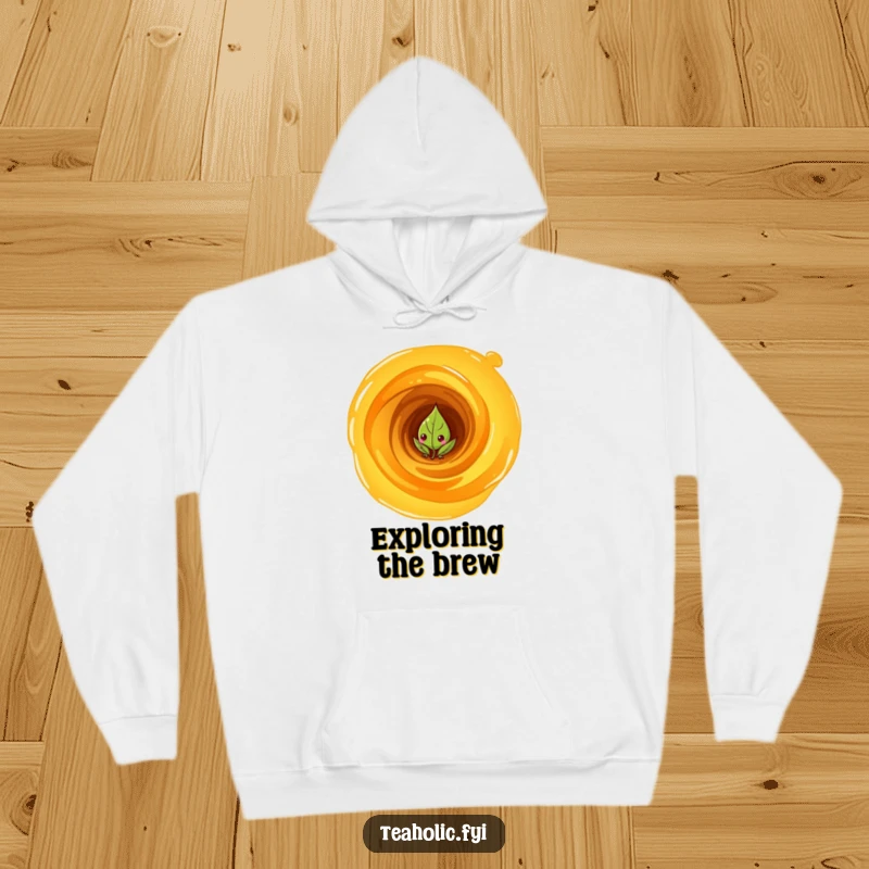 Funny Hoodie: Curious tea leaf character peeking from a swirling vortex of tea, mysterious and comfortably intriguing.