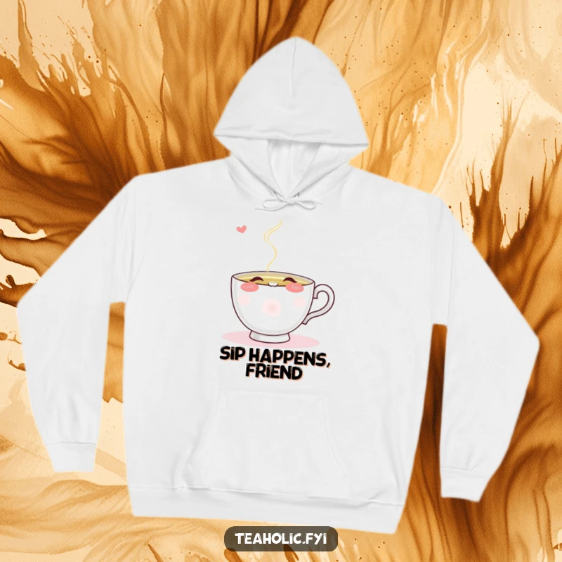 Funny blushing teacup character eagerly sipping from a stream of steaming tea, featured on a warm, hooded sweatshirt.
