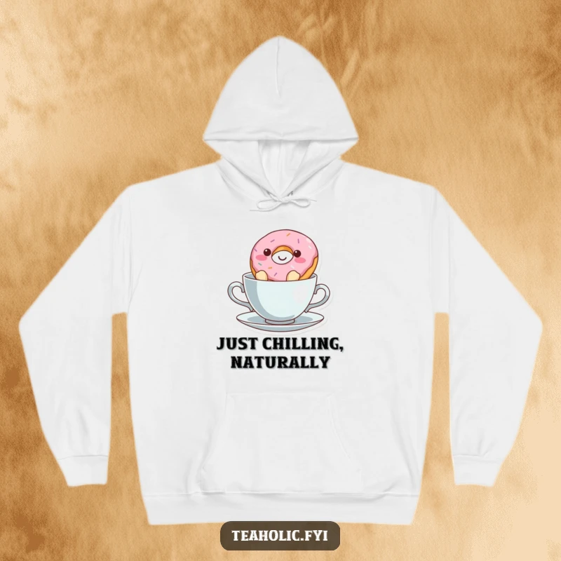 Funny donut character enjoying a teacup float, a cozy and humorous hoodie design for relaxation.