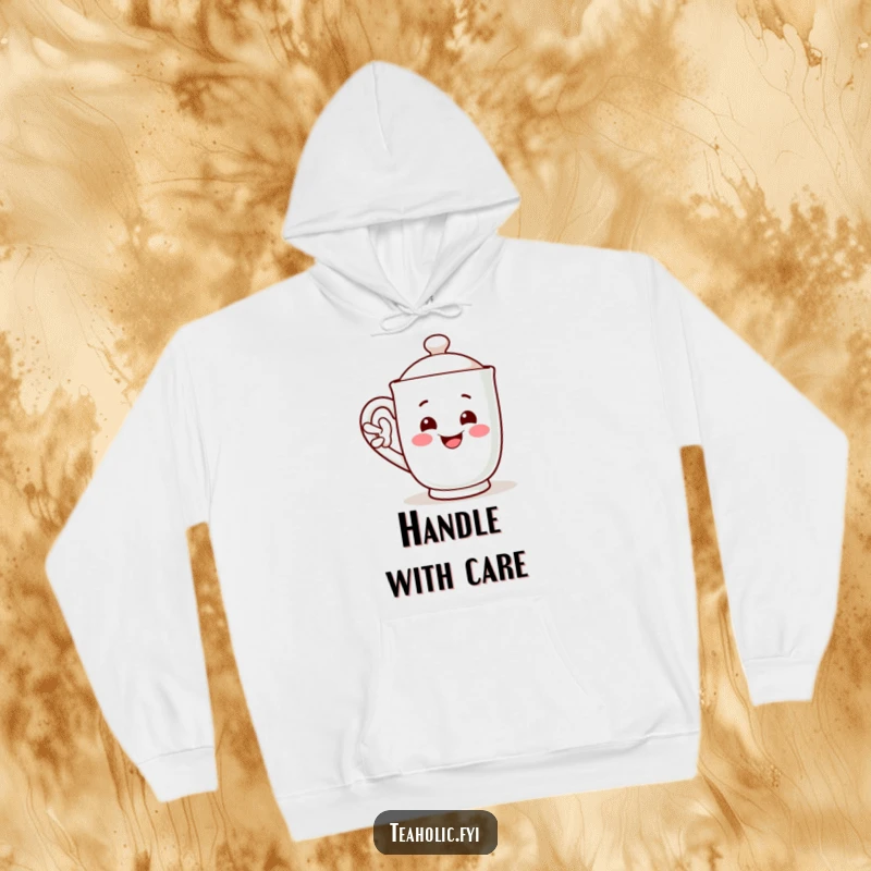 Funny hoodie featuring a smiling mug character waving with its handle, a cozy funny gift.