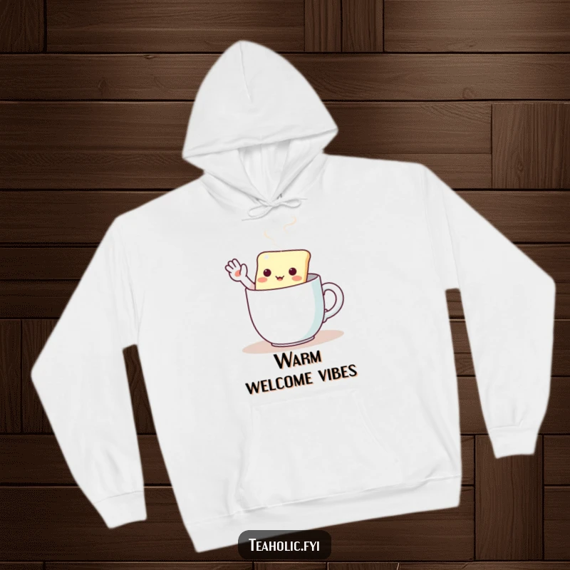 Funny hoodie showcasing a kawaii tea bag character waving enthusiastically from within a steaming mug.