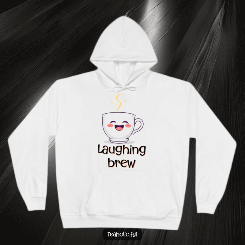 Funny teacup hoodie featuring a delightful teacup character laughing heartily, surrounded by steam that forms a cheerful smiley face.