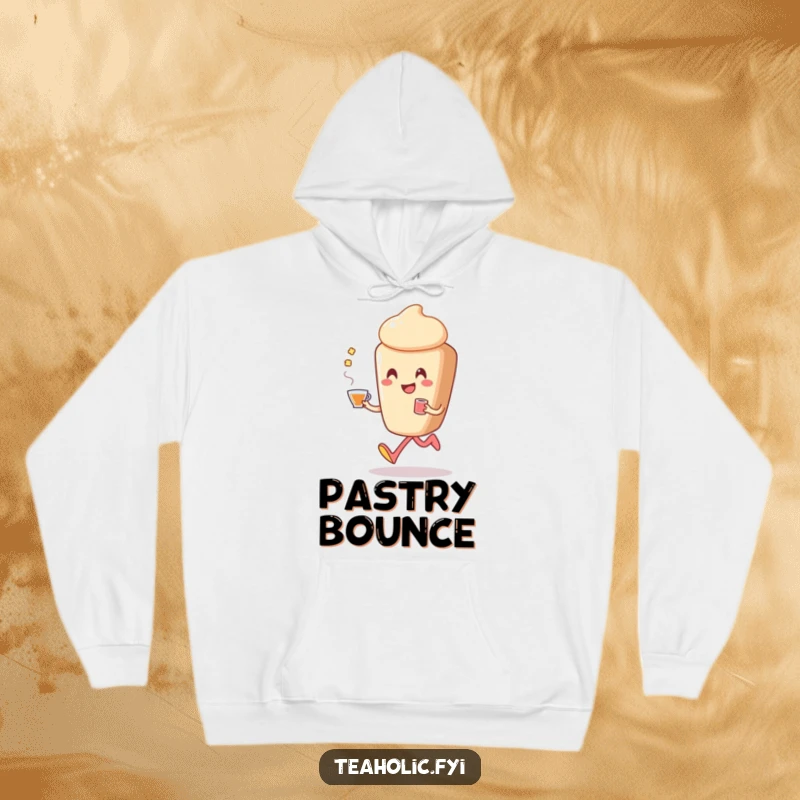 Funny pastry hoodie featuring a delightful pastry character smiling widely, happily skipping while holding a cup of tea.