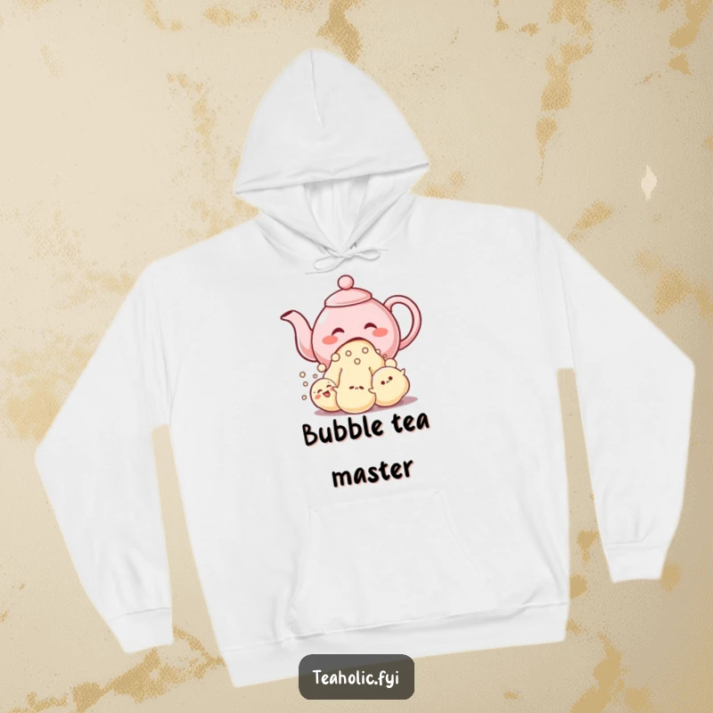 Funny hoodie featuring a giggling teapot character pouring a stream of bubble-like characters, perfect for cozy fun.