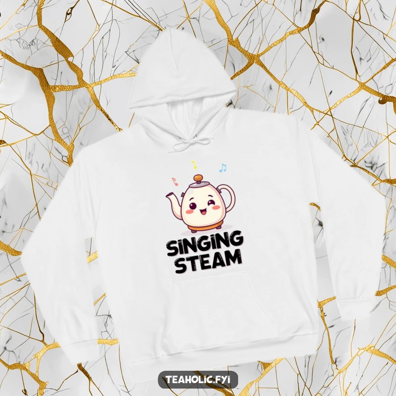 Funny hoodie featuring a smiling kettle character whistling a happy tune, perfect for relaxing and enjoying good vibes.