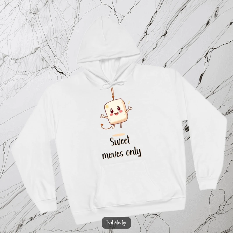 Funny hoodie with a jovial sugar cube character mid-bounce on a tea bag string, radiating sweet, playful energy.