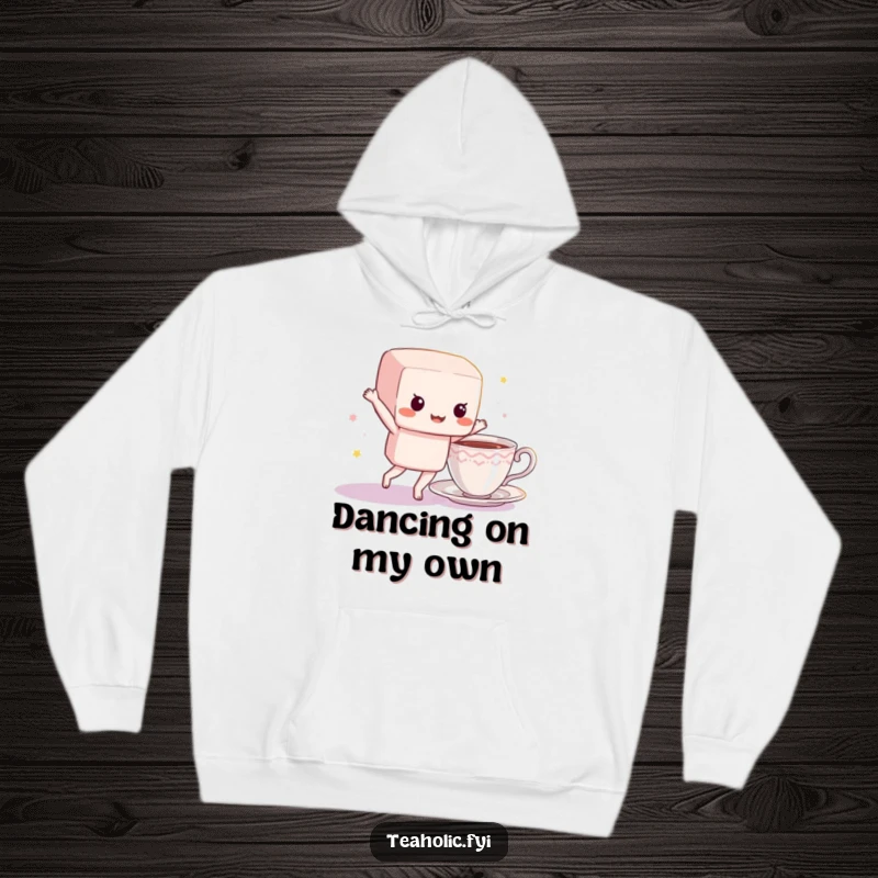 Funny sugar cube hoodie featuring a dancing character near a teacup, offering cozy warmth and a playful, sweet design.