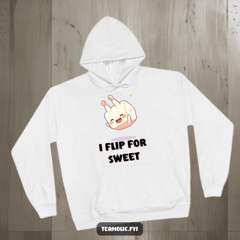 Funny sugar cube somersault hoodie, a giggling character performing a joyful flip, comfortable and warm apparel with a humorous, sweet theme.