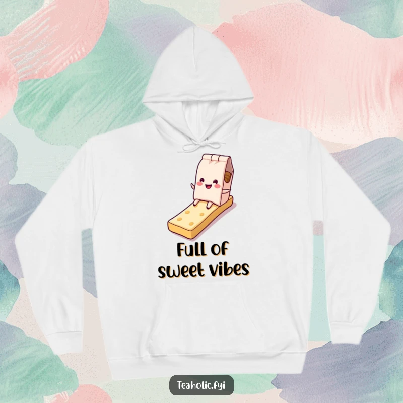 Funny tea bag hoodie, character sliding down sugary biscuit slide, cozy and fun design, perfect funny gift.