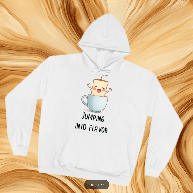 Funny tea bag jump hoodie, a delighted character making a playful leap into a mug, comfortable and humorous apparel.