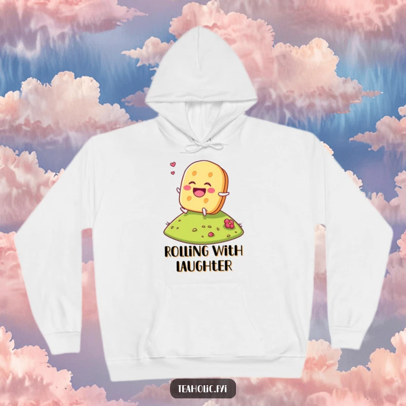 Funny Tea Biscuit Hoodie with a laughing tea biscuit character gleefully rolling down a hill, offering warmth and humor.