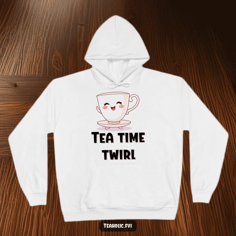 Funny hoodie showcasing a cheerful teacup character with saucer feet enthusiastically dancing a spirited jig.