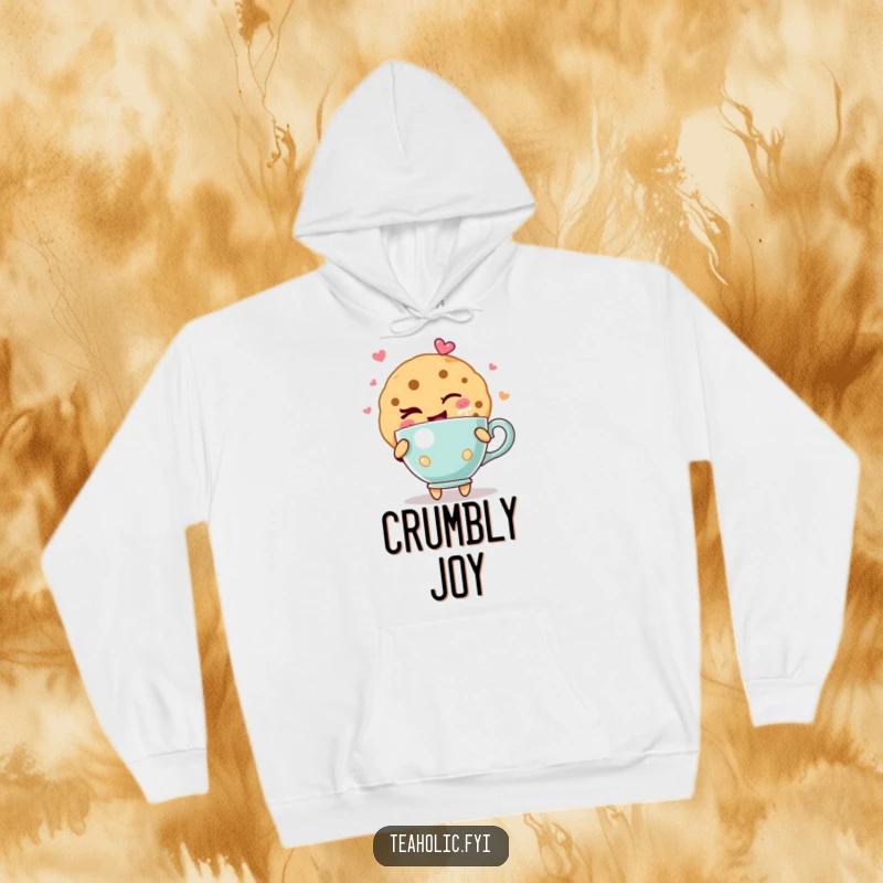 Funny cookie hoodie featuring a delightful cookie character winking confidently, holding a teacup that spills over with visible joy.