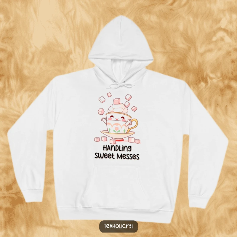 Funny hoodie featuring a cute teacup character skillfully juggling sugar cubes, perfect for cozying up with a sweet vibe.