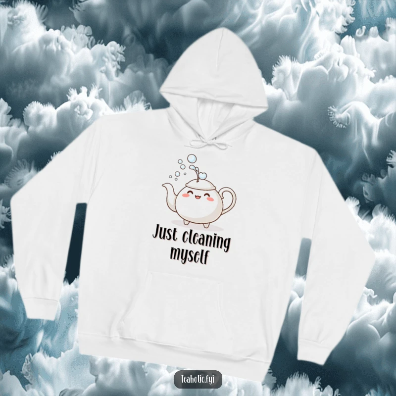 Funny Hoodie: A teapot character comically dousing itself with a stream of bubbles, offering cozy humor and a great gift idea.