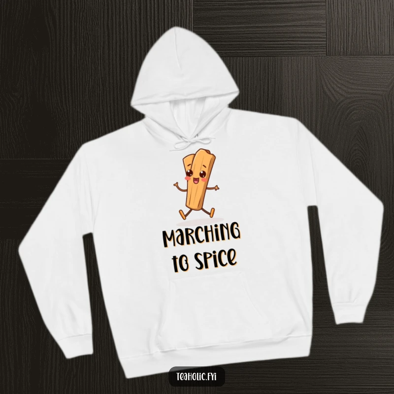 Funny Cinnamon Stick Hoodie with a playful cinnamon stick character marching with a silly gait, offering warmth and humor.