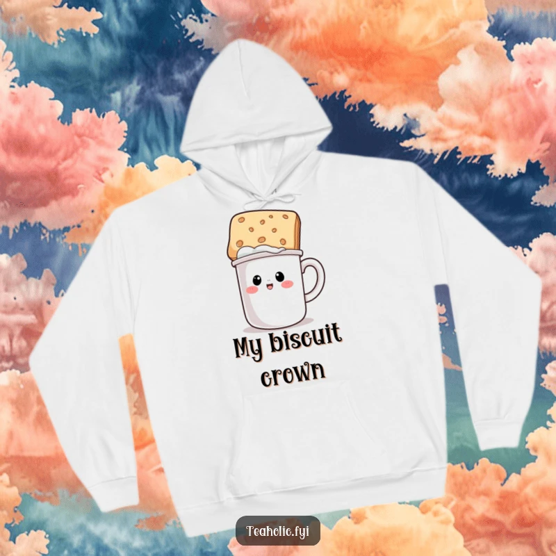 Funny hoodie illustration of a mug character humorously topped with a biscuit hat, designed for ultimate comfort and comedic appeal.