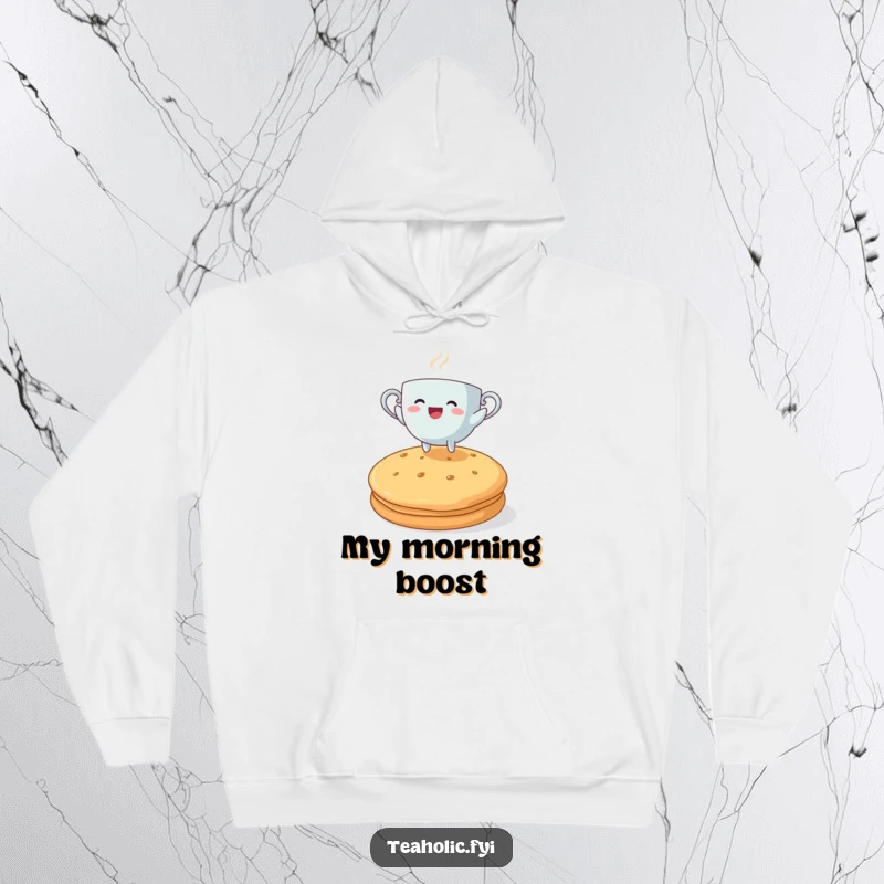 Funny steaming teacup character joyfully leaping over a giant biscuit, a warm and humorous hoodie.