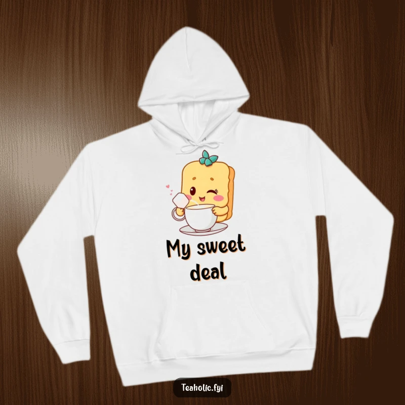 Funny hoodie featuring a winking biscuit character sharing tea with a sugar cube, offering warmth and a hint of sweetness.
