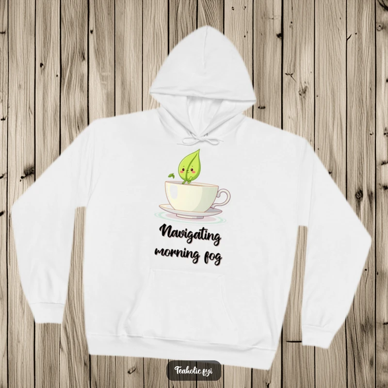 Funny hoodie with a smiling tea leaf character sailing across a large teacup, a warm funny gift.