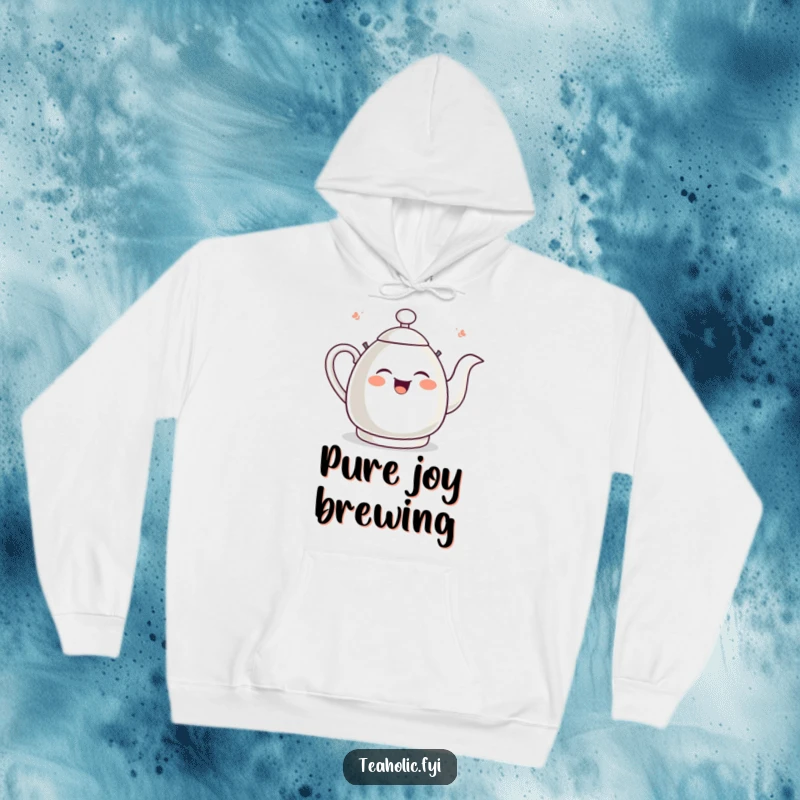 Funny hoodie depicting a giggling tea kettle character whistling with absolute glee, offering warmth and humorous cheer.