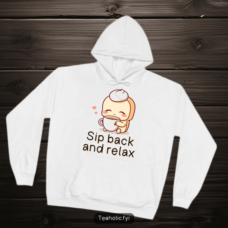 Funny Pastry Hoodie: A contented pastry character sips tea with eyes closed, offering warmth and serene humor.