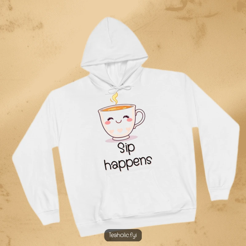 Funny hoodie featuring a happy teacup with a big smile, giving a cheeky wink, designed for cozy enjoyment.