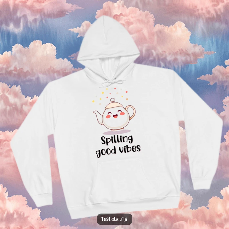 Funny hoodie with a cheerful teapot character spilling playful tea droplets like confetti, a cozy funny gift.