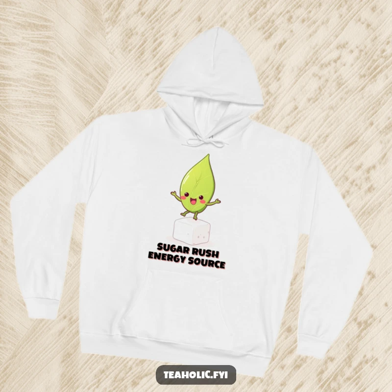 Funny tea leaf character having a blast bouncing on a sugar cube, cozy hoodie design, radiating pure happiness and warmth.