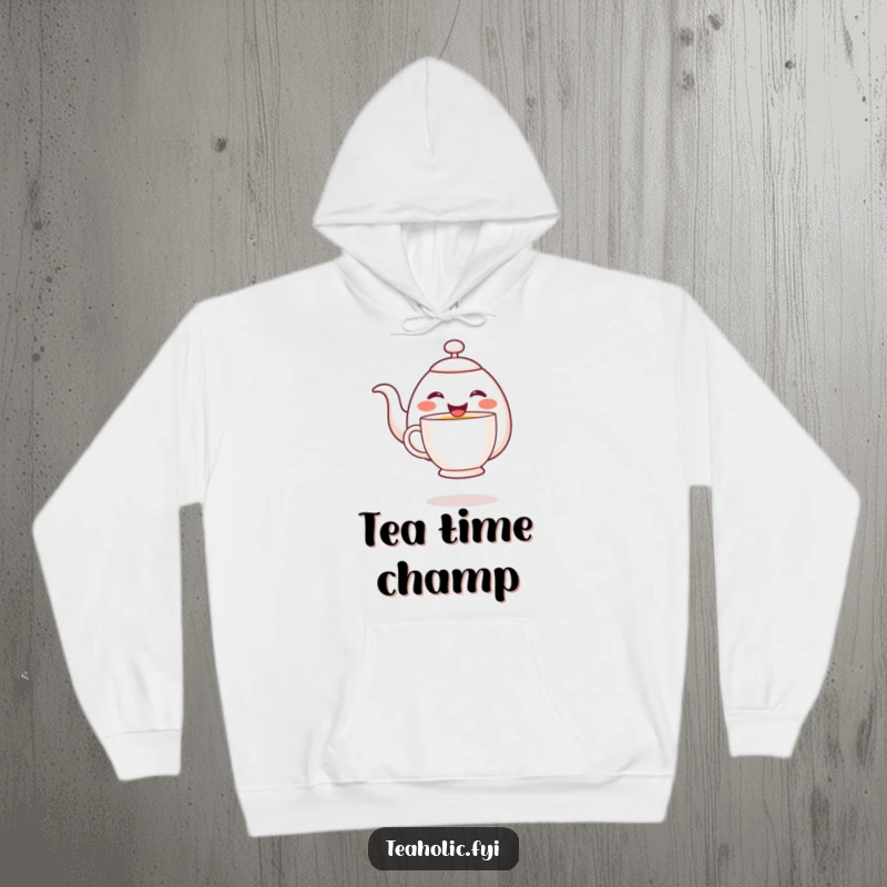 Funny cheerful teapot character joyfully pouring tea into a hovering mug, featured on a warm, hooded sweatshirt.