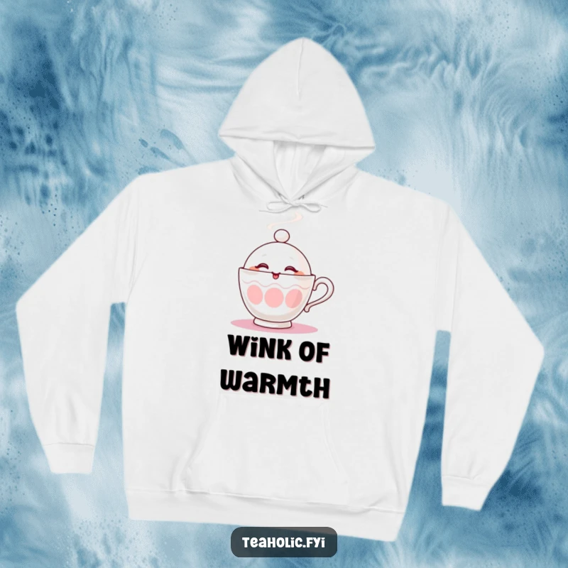 Funny hoodie featuring a steaming teacup character playfully winking, offering cozy warmth and playful vibes.