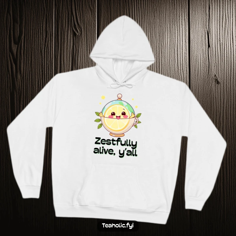 Funny hoodie with a joyful lemon slice character zipping around a teacup globe, perfect for cozy, zesty vibes.