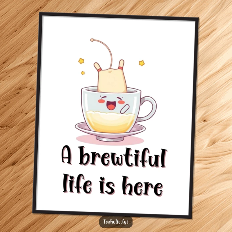 Funny Free Printable Wall Art: A tea bag character performs an enthusiastic somersault into a frothy, inviting cup of tea.