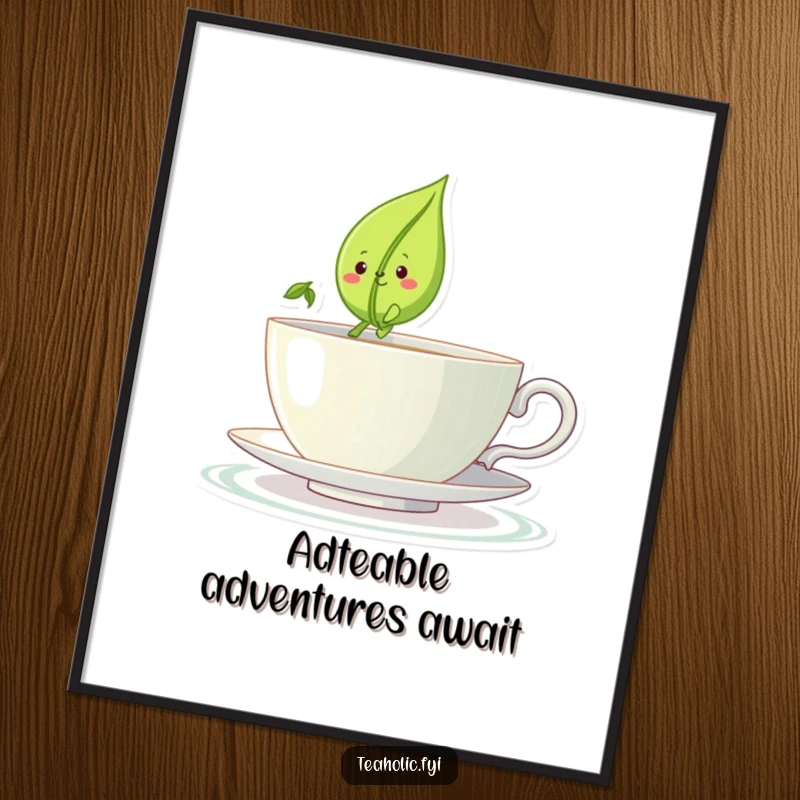 Funny Free Printable Wall Art: A tiny tea leaf character with a faint smile sails across a large teacup like a charming little boat.