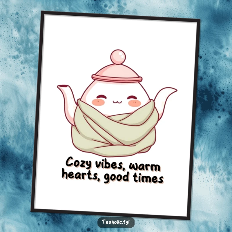 Funny Free Printable Wall Art depicting a contented teapot character wrapped in a cozy, radiating comfort and warmth.