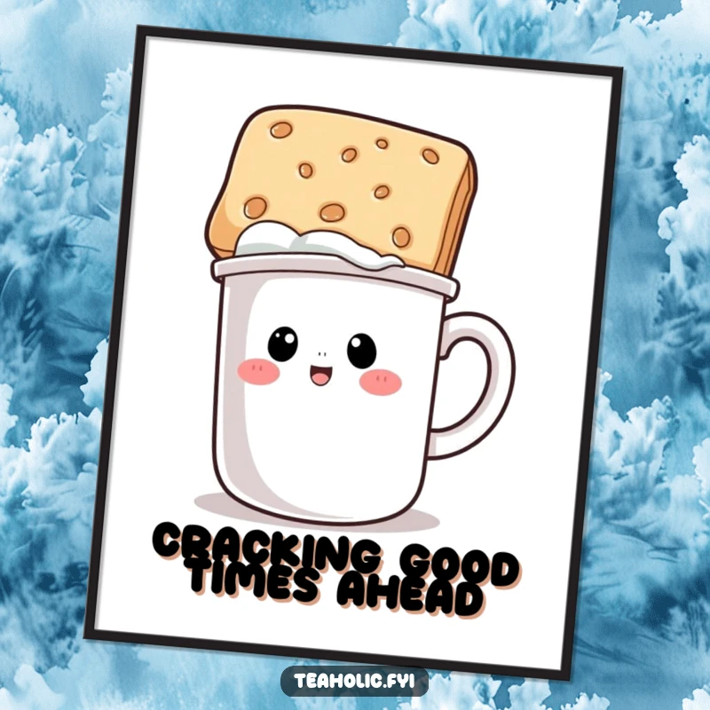 Funny Free Printable Wall Art: A coffee mug character comically wears a biscuit as a hat, a quirky and humorous downloadable piece.