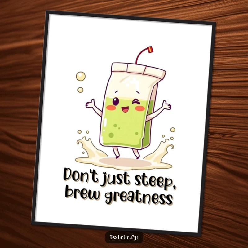 Funny free printable wall art of a delighted tea bag character dancing joyfully with frothing tea waves, adding fun decor.