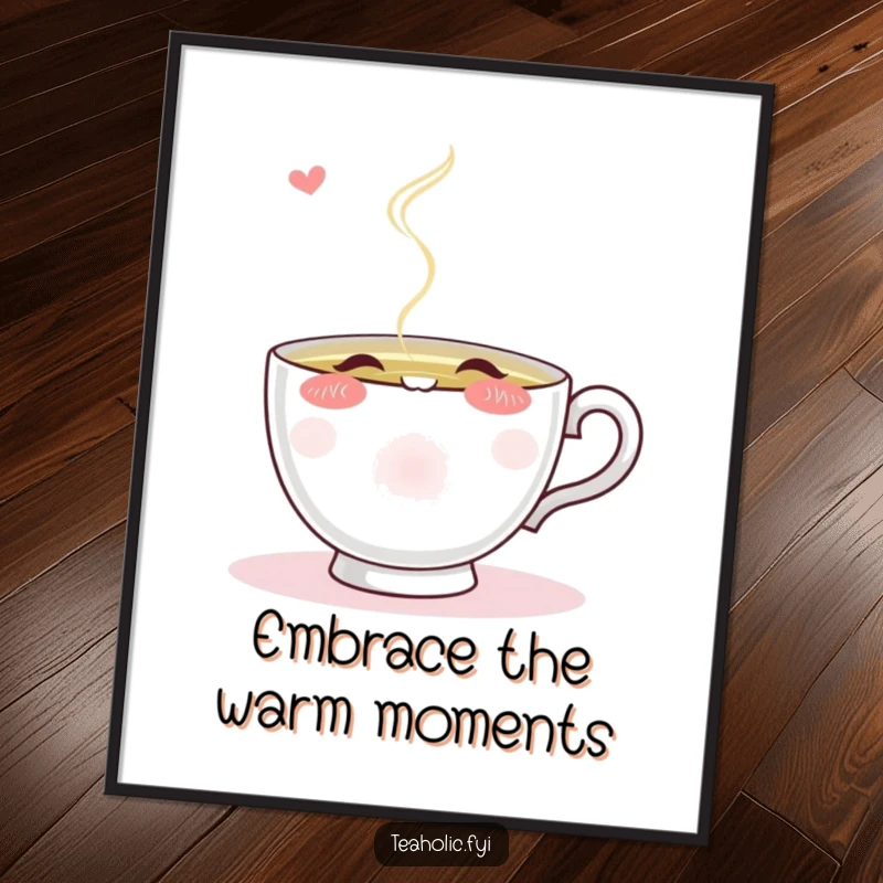 Funny Free Printable Wall Art: A blushing teacup character enjoys a peaceful sip from a stream of hot tea, radiating warmth.