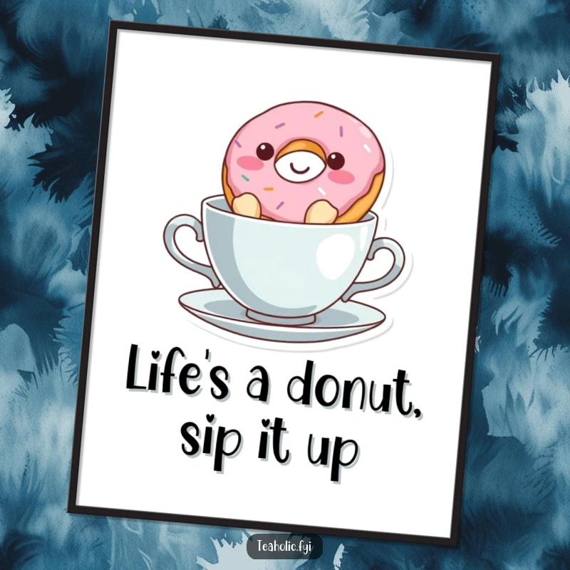 Funny Free Printable Wall Art: A delightful donut character grins widely while floating peacefully in a whimsical teacup, adding charm.