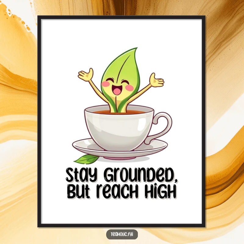 Funny Free Printable Tea Leaf Wall Art, a joyful tea leaf character leaps from a teacup, bringing energy.