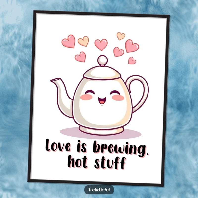 Funny Free Printable Wall Art: A giggling tea kettle character shooting heart-shaped steam, cheerful downloadable decor.