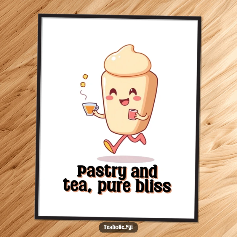 Funny Free Printable Wall Art: A smiling pastry character is depicted mid-happy skip, holding a cup of tea with glee.