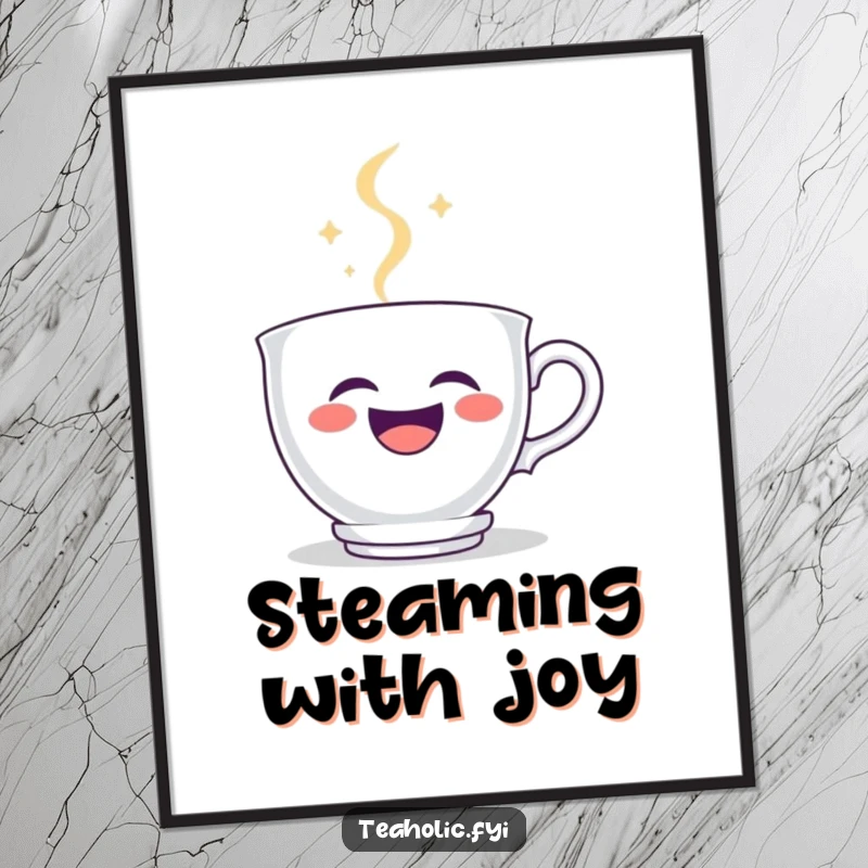 Funny Free Printable Wall Art: A teacup character laughing heartily, with steam rising to form a cheerful smiley face.