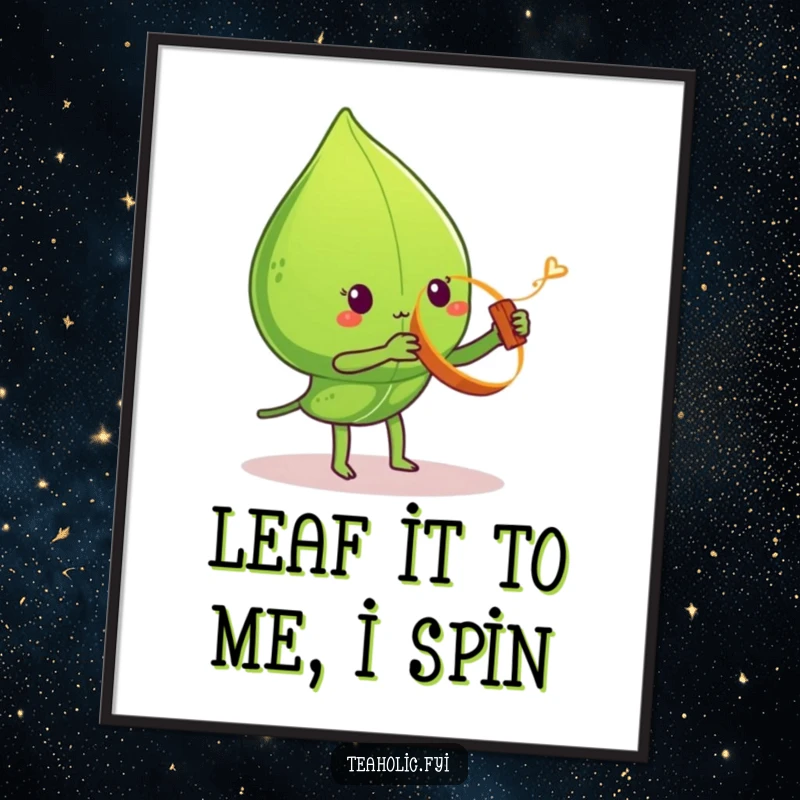 Funny Free Printable Wall Art: Tea leaf character playfully spinning a miniature cinnamon stick yo-yo, whimsical downloadable decor.