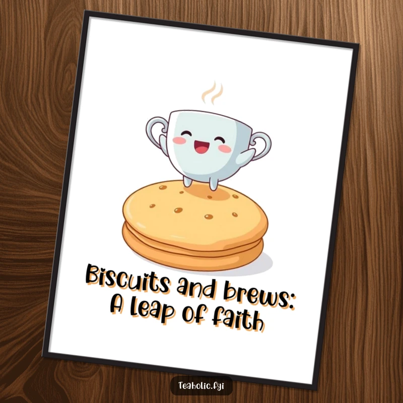 Funny Free Printable Wall Art: Steaming teacup character joyfully leaping with great height over a massive biscuit.