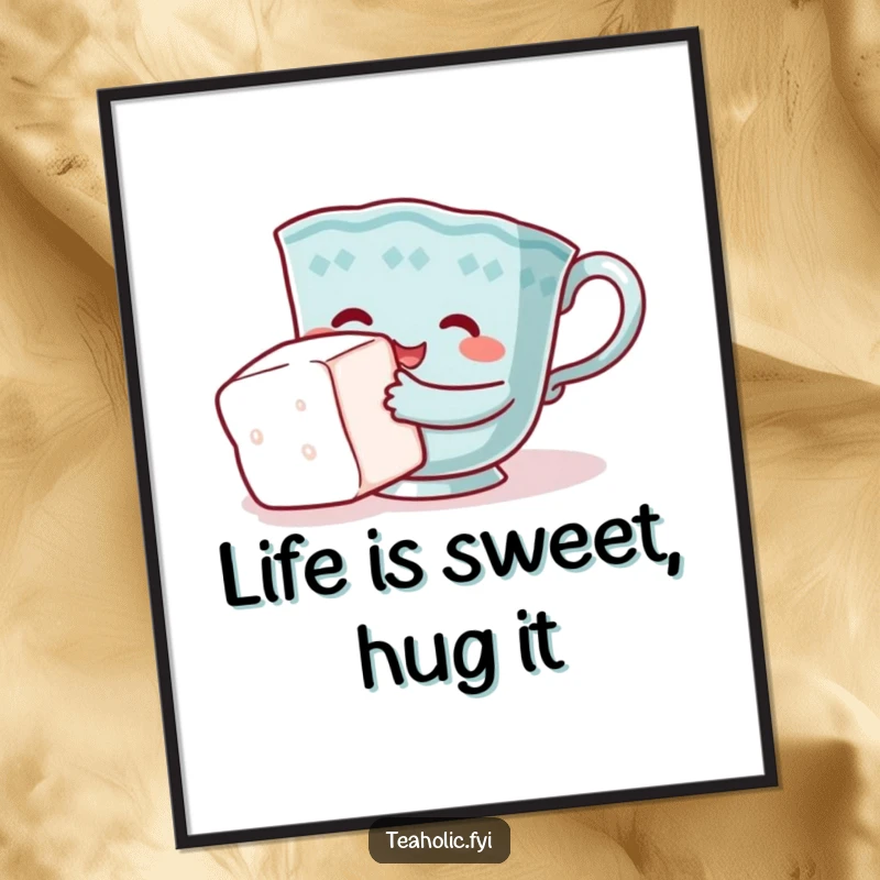 Funny Free Printable Wall Art: Teacup character comically attempting to hug a sugar cube, cute downloadable decor.