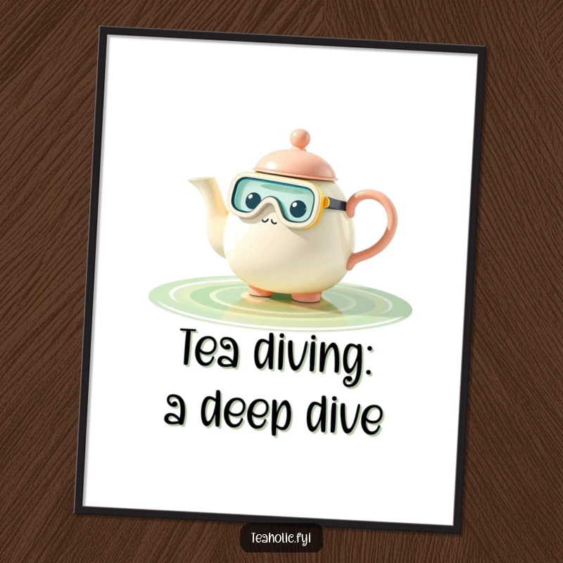 Funny Free Printable Wall Art: Teapot character wearing a snorkel, exploring a tea-filled pool, whimsical downloadable decor.