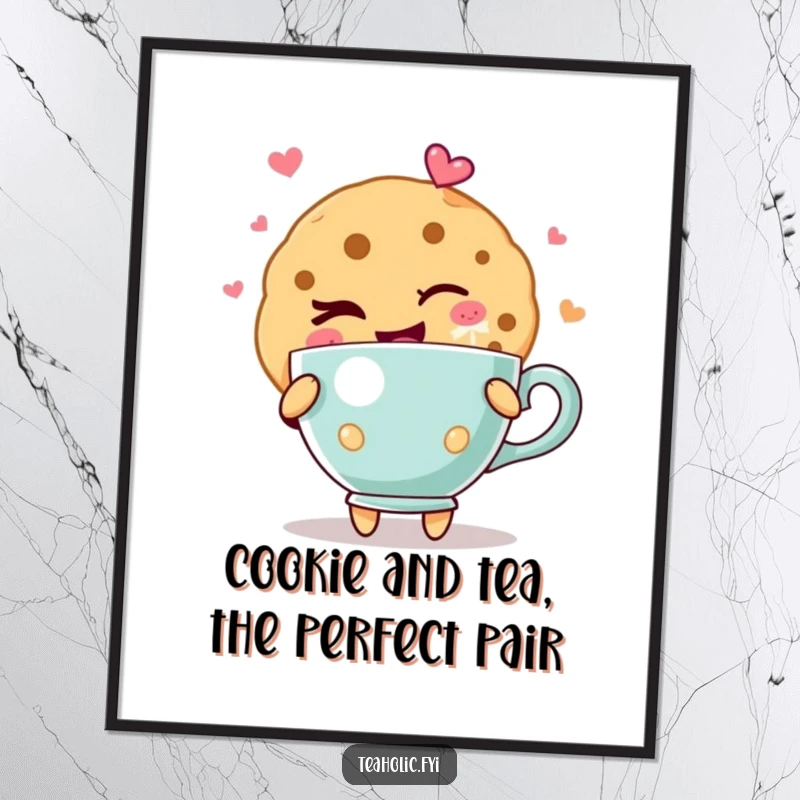 Funny Free Printable Wall Art: A cookie character winks mischievously, holding a teacup brimming with infectious joy.
